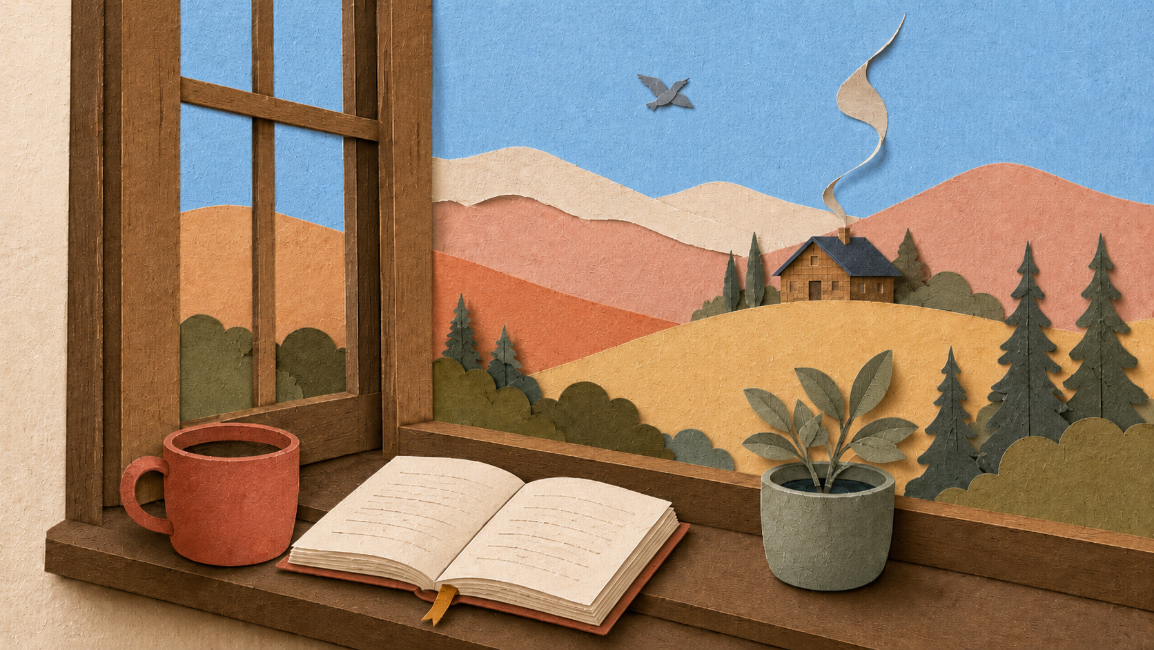 A paper collage about page scene with guide notes, desk tools, and publishing cards.