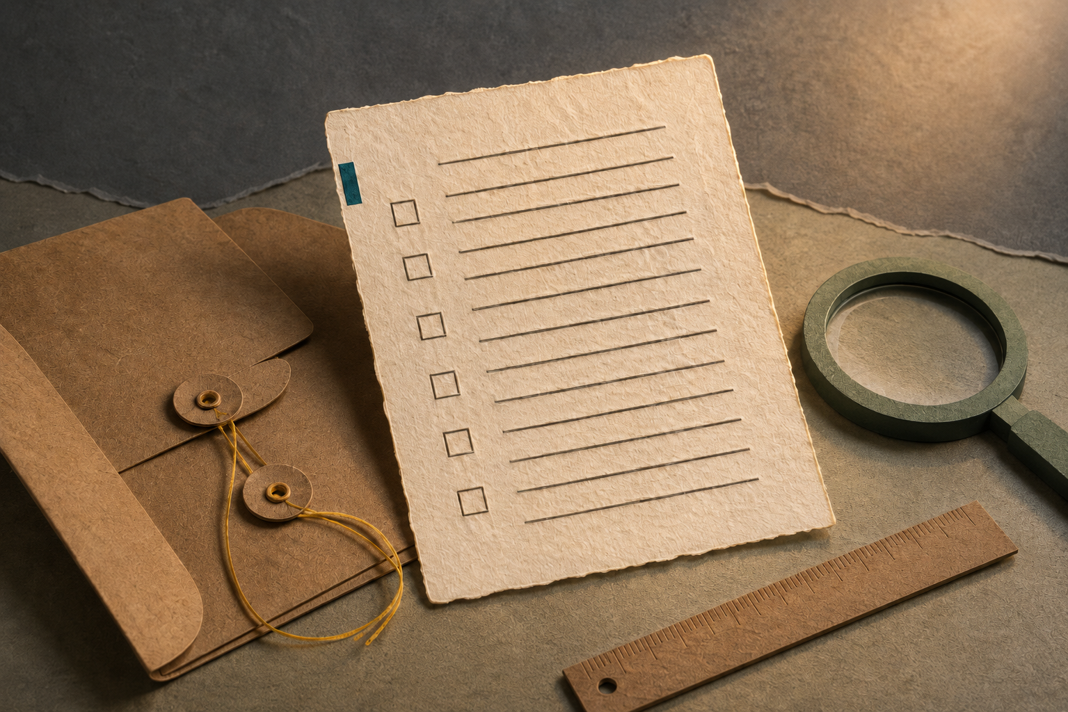 A paper collage desk with source cards, check marks, and a finished article draft.