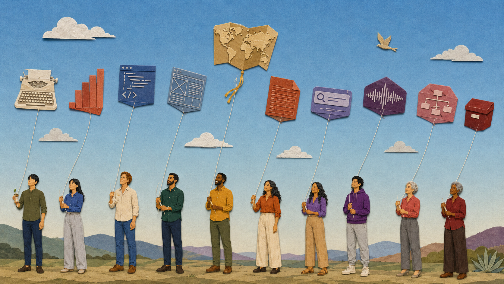 A paper collage map of career clusters, guide pages, and AI workflow notes.