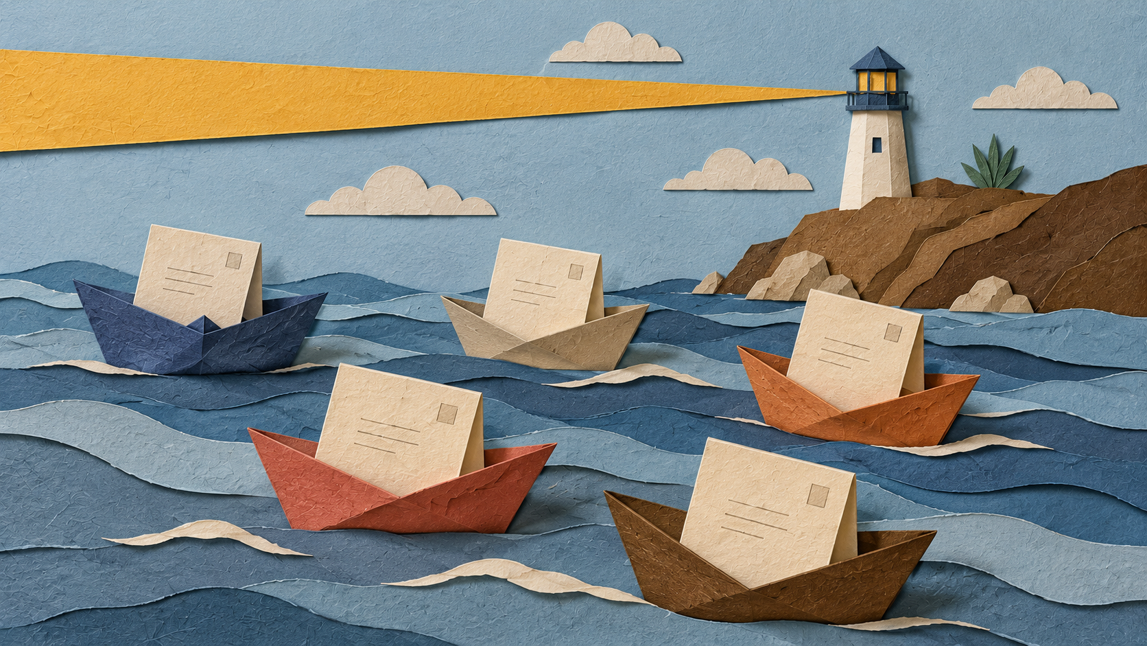 A paper collage newsletter desk with guide pages, checklists, and email notes.