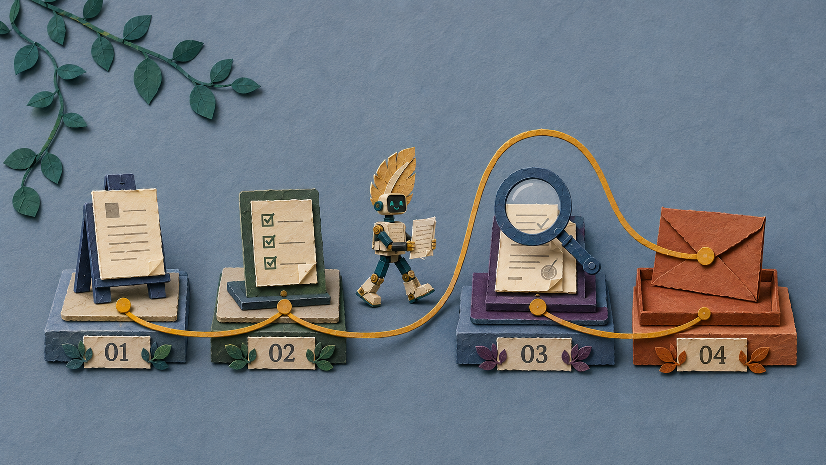 A paper collage playbook board with workflow cards, prompts, and source checks.