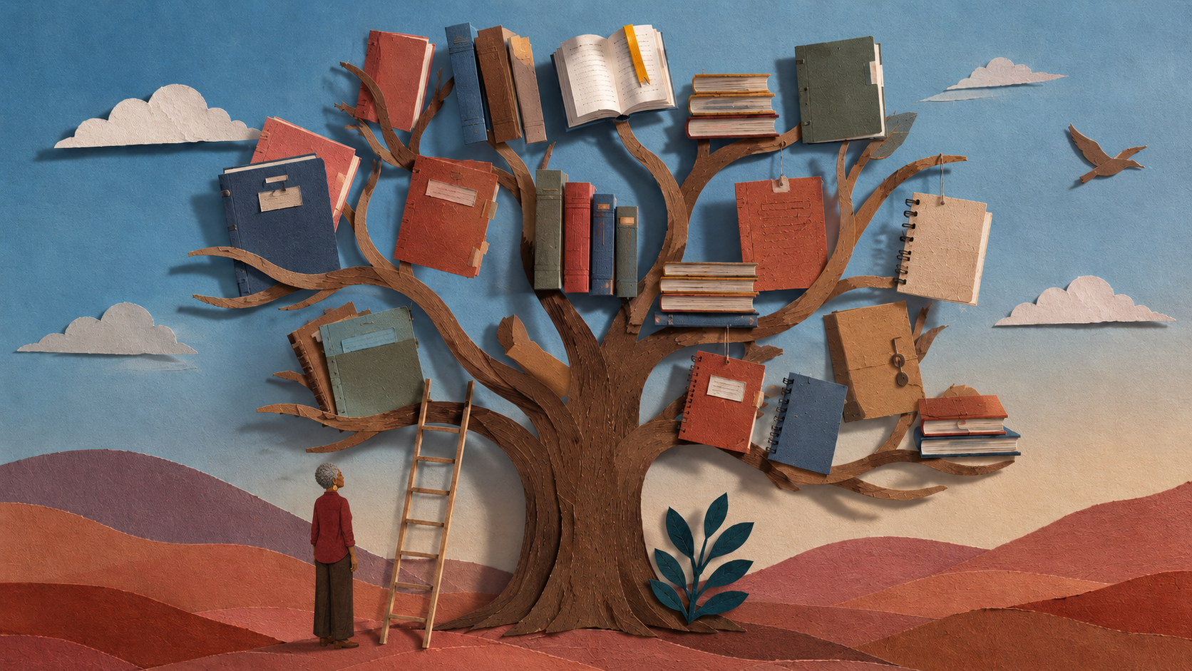 A paper collage resource shelf with templates, guide cards, and organized notes.