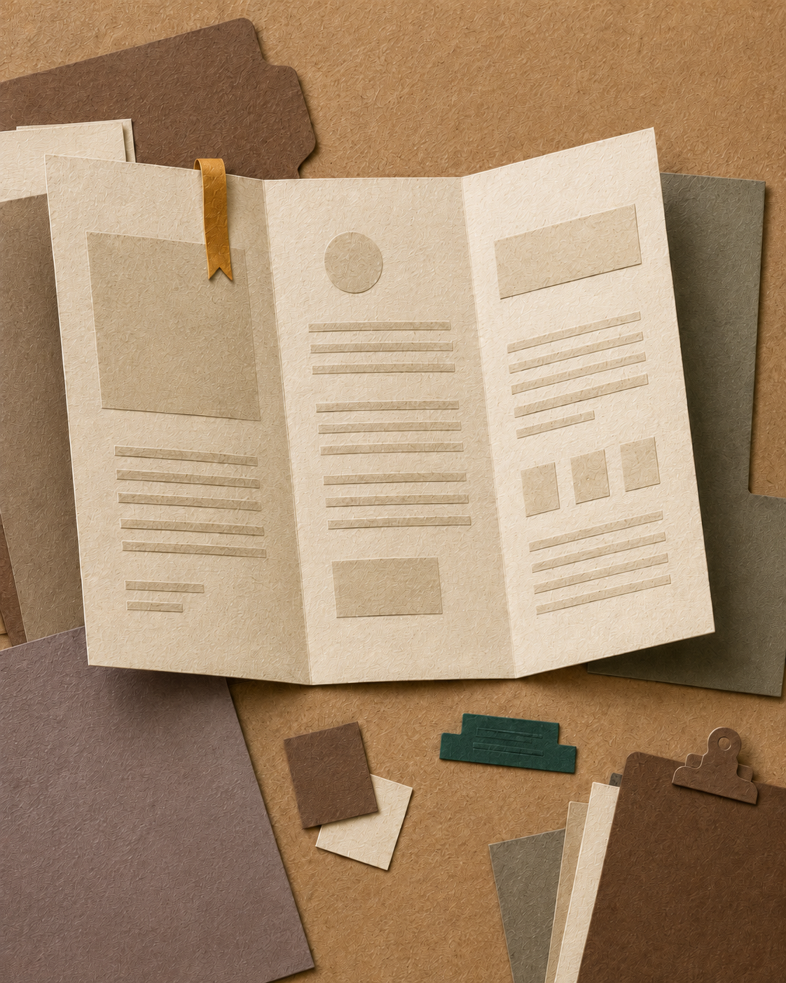 A paper collage project brief with prompts, notes, and decision cards.